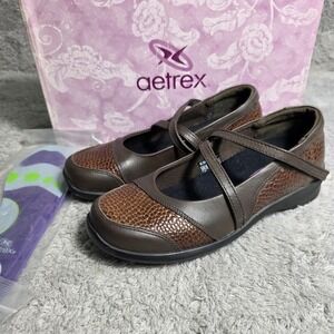 Aetrex E361W Mary Jane Brown‎ Snakeskin Leather Comfort Shoes Womens 5 NEW